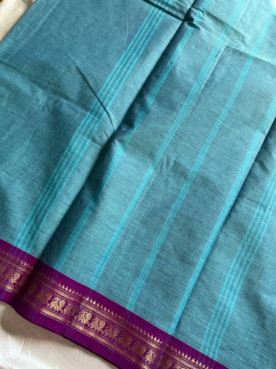 Minimal Border Edit - SkyBlue & Purple Kanchi Cotton Saree
