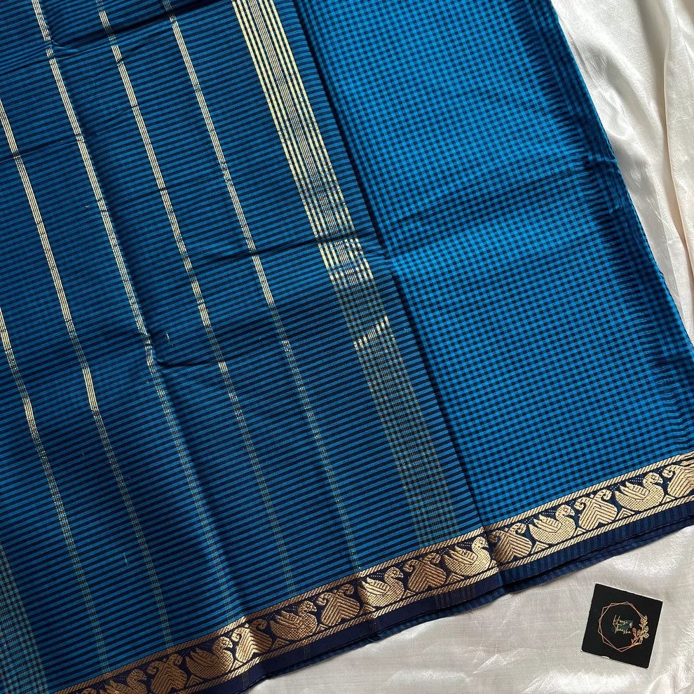 Mini Kattam – Blue Chettinadu Cotton Saree with Dark Blue Border